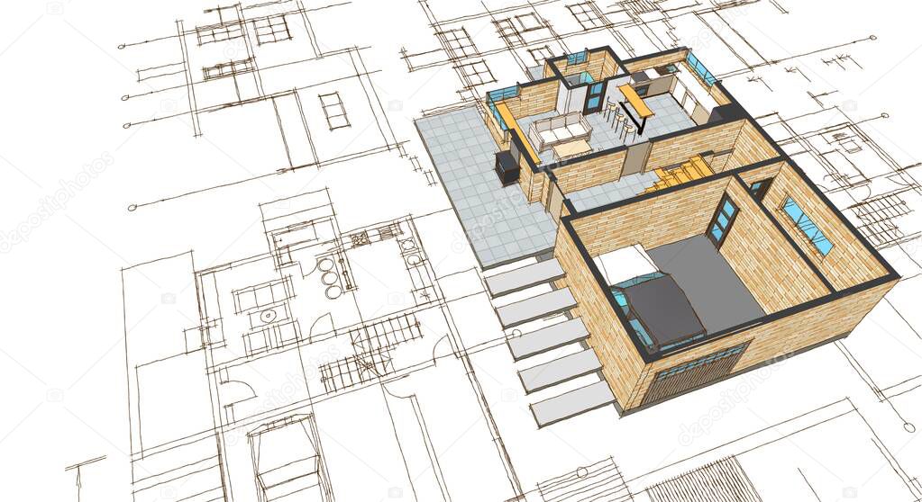 house plan facades architectural sketch 3d illustration