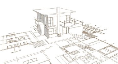 ev planı mimari taslak 3D illüstrasyon