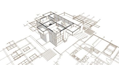 ev planı mimari taslak 3D illüstrasyon