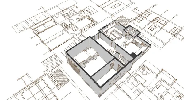 Dom Plan Fasady Architektoniczny Szkic Ilustracja — Zdjęcie stockowe