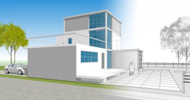 ev mimarisi çizimi 3d illüstrasyon