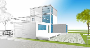 ev mimarisi çizimi 3d illüstrasyon