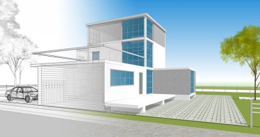 ev mimarisi çizimi 3d illüstrasyon