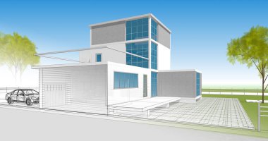 ev mimarisi çizimi 3d illüstrasyon