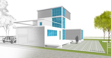 ev mimarisi çizimi 3d illüstrasyon