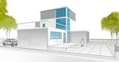 ev mimarisi çizimi 3d illüstrasyon