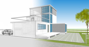 ev mimarisi çizimi 3d illüstrasyon