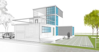 ev mimarisi çizimi 3d illüstrasyon