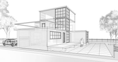 ev mimarisi çizimi 3d illüstrasyon