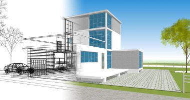 ev mimarisi çizimi 3d illüstrasyon