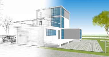 ev mimarisi çizimi 3d illüstrasyon