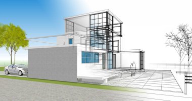 ev mimarisi çizimi 3d illüstrasyon