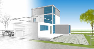 ev mimarisi çizimi 3d illüstrasyon