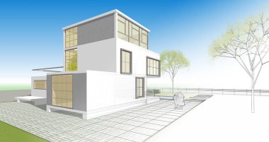 ev mimarisi çizimi 3d illüstrasyon