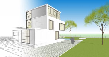 ev mimarisi çizimi 3d illüstrasyon