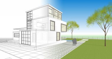 ev mimarisi çizimi 3d illüstrasyon