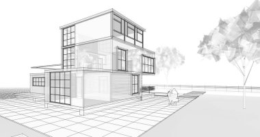 ev mimarisi çizimi 3d illüstrasyon