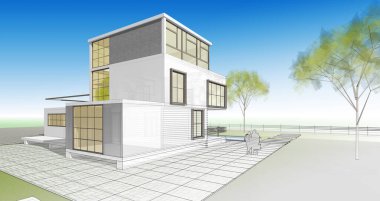 ev mimarisi çizimi 3d illüstrasyon