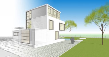 ev mimarisi çizimi 3d illüstrasyon