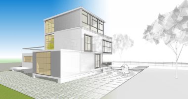 ev mimarisi çizimi 3d illüstrasyon