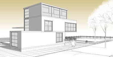 ev mimarisi çizimi 3d illüstrasyon