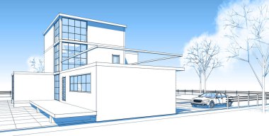 ev mimarisi çizimi 3d illüstrasyon