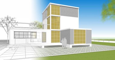 ev mimarisi çizimi 3d illüstrasyon