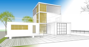 ev mimarisi çizimi 3d illüstrasyon