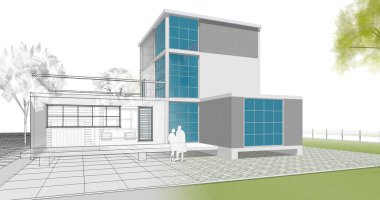 ev mimarisi çizimi 3d illüstrasyon