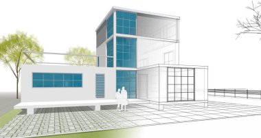 ev mimarisi çizimi 3d illüstrasyon