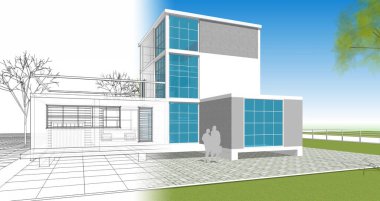 ev mimarisi çizimi 3d illüstrasyon