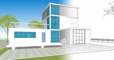 ev mimarisi çizimi 3d illüstrasyon