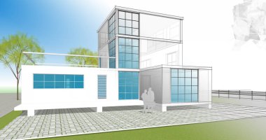 ev mimarisi çizimi 3d illüstrasyon