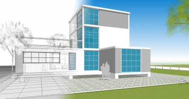 ev mimarisi çizimi 3d illüstrasyon