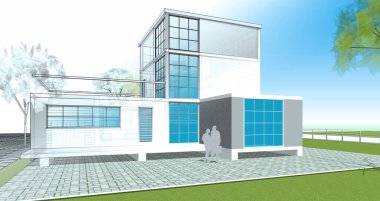 ev mimarisi çizimi 3d illüstrasyon