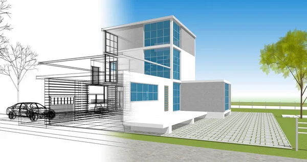 Dom Architektoniczny Szkic Ilustracja — Zdjęcie stockowe