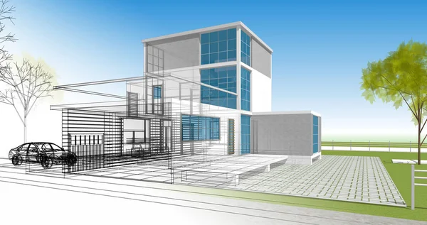 房屋建筑草图3D插图 — 图库照片