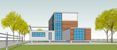 Modern ev çizimi 3d illüstrasyon