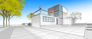 Modern ev çizimi 3d illüstrasyon