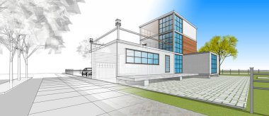 Modern ev çizimi 3d illüstrasyon