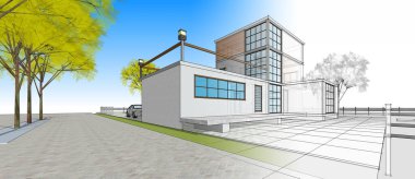 Modern ev çizimi 3d illüstrasyon