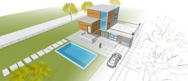 Modern ev çizimi 3d illüstrasyon