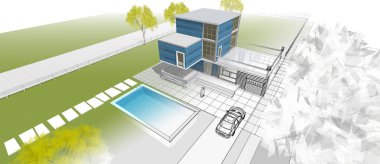 Modern ev çizimi 3d illüstrasyon