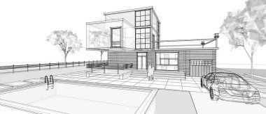 Modern ev çizimi 3d illüstrasyon