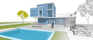 Modern ev çizimi 3d illüstrasyon