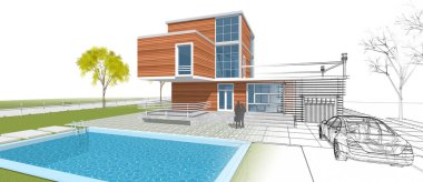 Modern ev çizimi 3d illüstrasyon