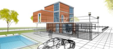 Modern ev çizimi 3d illüstrasyon