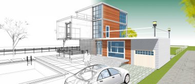 Modern ev çizimi 3d illüstrasyon