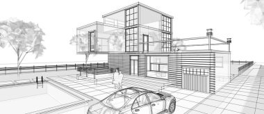 Modern ev çizimi 3d illüstrasyon