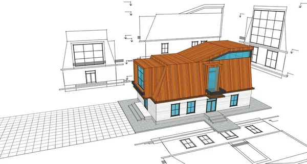 带有阁楼草图的现代住宅3D插图 — 图库照片